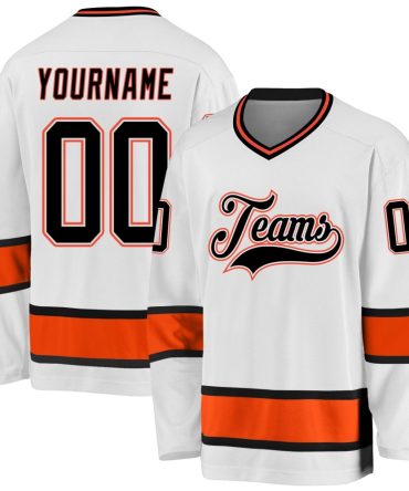 Custom White Black-Orange Hockey Jersey, Gift For Hockey Fans