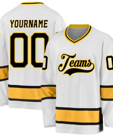 Custom White Black-Gold Hockey Jersey, Gift For Hockey Fans