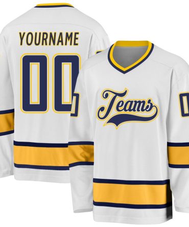 Custom White Navy-Gold Hockey Jersey, Gift For Hockey Fans