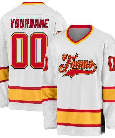 Custom White Red-Gold Hockey Jersey, Gift For Hockey Fans