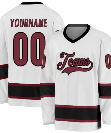 Custom White Burgundy-Black Hockey Jersey, Gift For Hockey Fans
