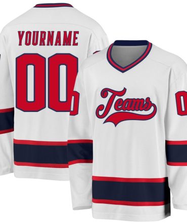 Custom White Red-Navy Hockey Jersey, Gift For Hockey Fans