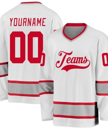 Custom White Red-Gray Hockey Jersey, Gift For Hockey Fans