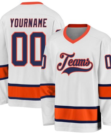Custom White Navy-Orange Hockey Jersey, Gift For Hockey Fans