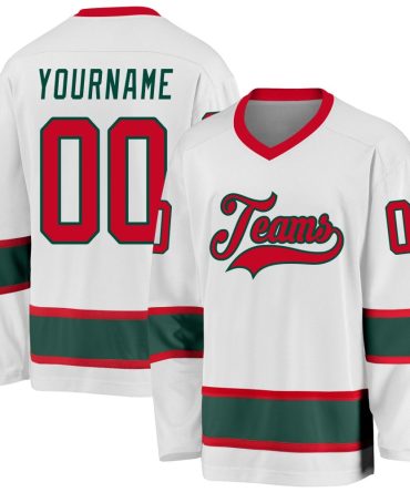Custom White Red-Green Hockey Jersey, Gift For Hockey Fans