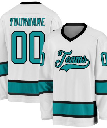 Custom White Aqua-Black Hockey Jersey, Gift For Hockey Fans