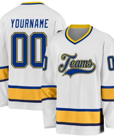 Custom White Royal-Gold Hockey Jersey, Gift For Hockey Fans