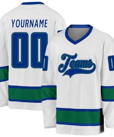 Custom White Royal-Kelly Green Hockey Jersey, Gift For Hockey Fans