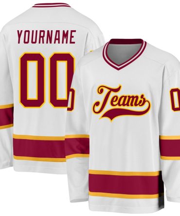 Custom White Maroon-Gold Hockey Jersey, Gift For Hockey Fans