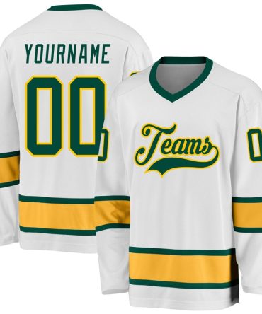 Custom White Green-Gold Hockey Jersey, Gift For Hockey Fans