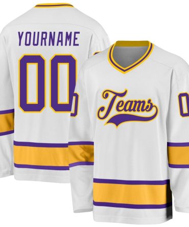 Custom White Purple-Gold Hockey Jersey, Gift For Hockey Fans