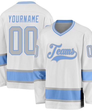 Custom White Gray-Light Blue Hockey Jersey, Gift For Hockey Fans