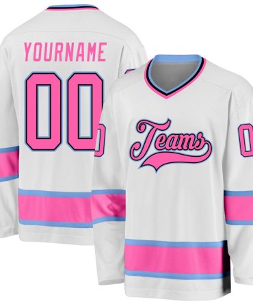 Custom White Pink-Light Blue Hockey Jersey, Gift For Hockey Fans