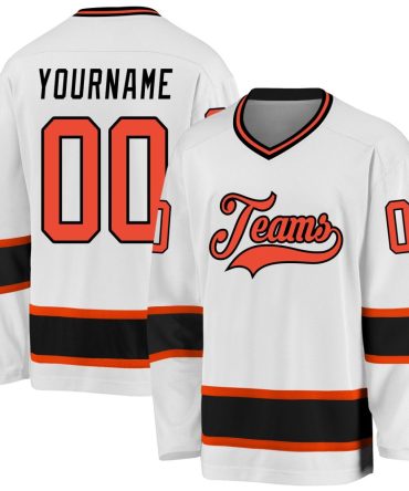 Custom White Orange-Black Hockey Jersey, Gift For Hockey Fans