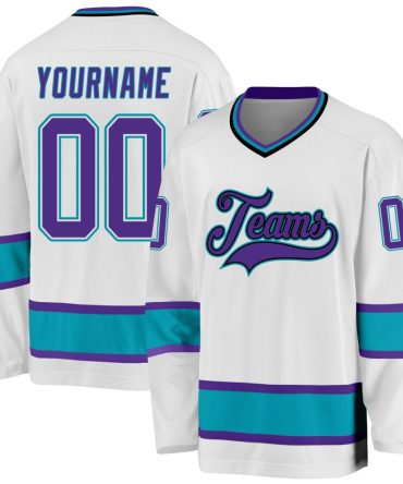 Custom White Purple-Teal Hockey Jersey, Gift For Hockey Fans