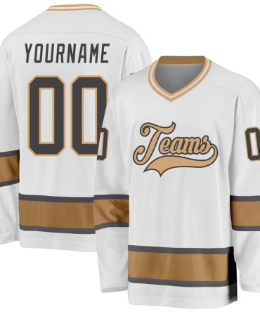 Custom White Steel Gray-Old Gold Hockey Jersey, Gift For Hockey Fans