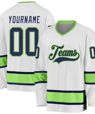 Custom White Navy-Neon Green Hockey Jersey, Gift For Hockey Fans