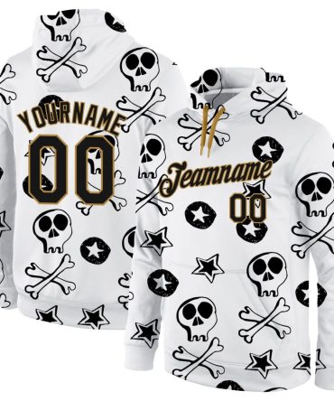 Custom White Black-Old Gold 3D Skull Fashion Sports Pullover Sweatshirt Hoodie, Gift For Football, Baseball, Hockey, Basketball, Softball & Rugby Fans