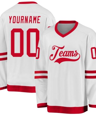 Custom White Red Hockey Jersey, Gift For Hockey Fans