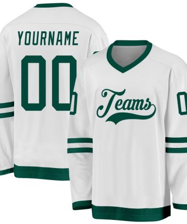 Custom White Green Hockey Jersey, Gift For Hockey Fans