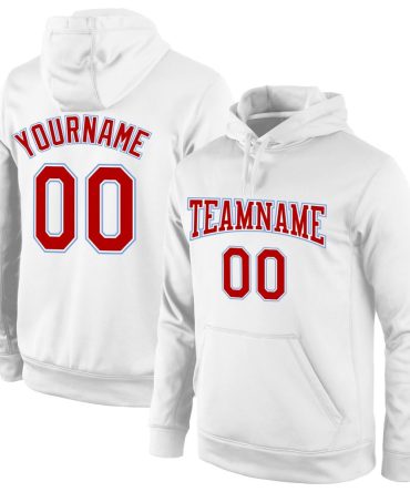 Custom White Red-Light Blue Sports Pullover Sweatshirt Hoodie, Gift For Football, Baseball, Hockey, Basketball, Softball & Rugby Fans