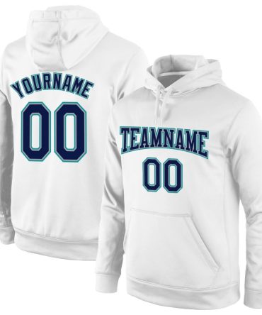 Custom White Navy-Aqua Sports Pullover Sweatshirt Hoodie, Gift For Football, Baseball, Hockey, Basketball, Softball & Rugby Fans
