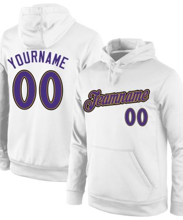 Custom White Purple-Old Gold Sports Pullover Sweatshirt Hoodie, Gift For Football, Baseball, Hockey, Basketball, Softball & Rugby Fans