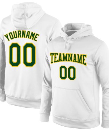 Custom White Green-Gold Sports Pullover Sweatshirt Hoodie, Gift For Football, Baseball, Hockey, Basketball, Softball & Rugby Fans