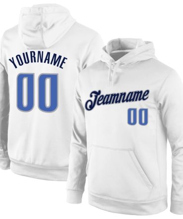 Custom White Blue-Navy Sports Pullover Sweatshirt Hoodie, Gift For Football, Baseball, Hockey, Basketball, Softball & Rugby Fans