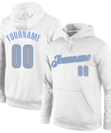 Custom White Gray-Light Blue Sports Pullover Sweatshirt Hoodie, Gift For Football, Baseball, Hockey, Basketball, Softball & Rugby Fans