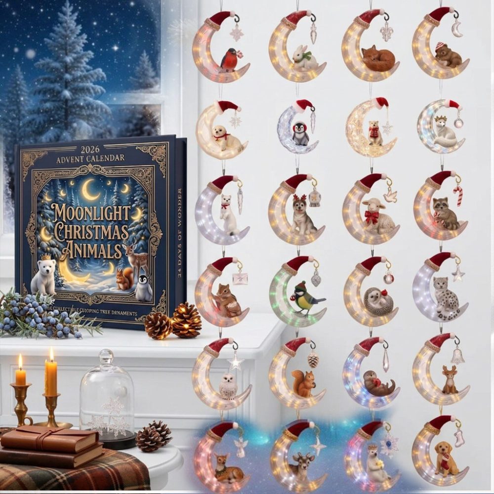 Moonlight Christmas Animals Advent Calendar 2026 24-Day Crescent Moon Animal Xmas Ornaments