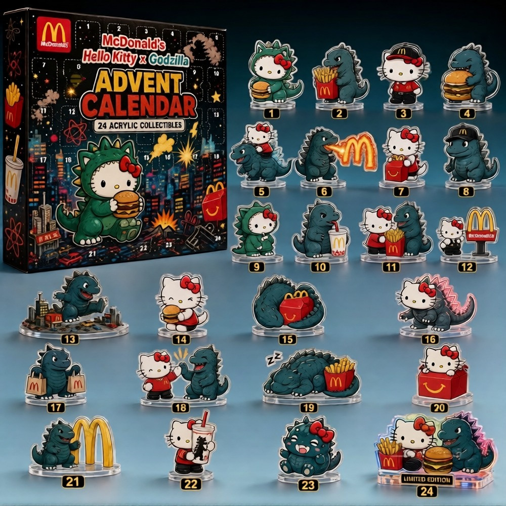 Mcdonald_S Hello Kitty Godzilla Advent Calendar Christmas Gifts For Kitty Fans, 3D Acrylic Collectibles