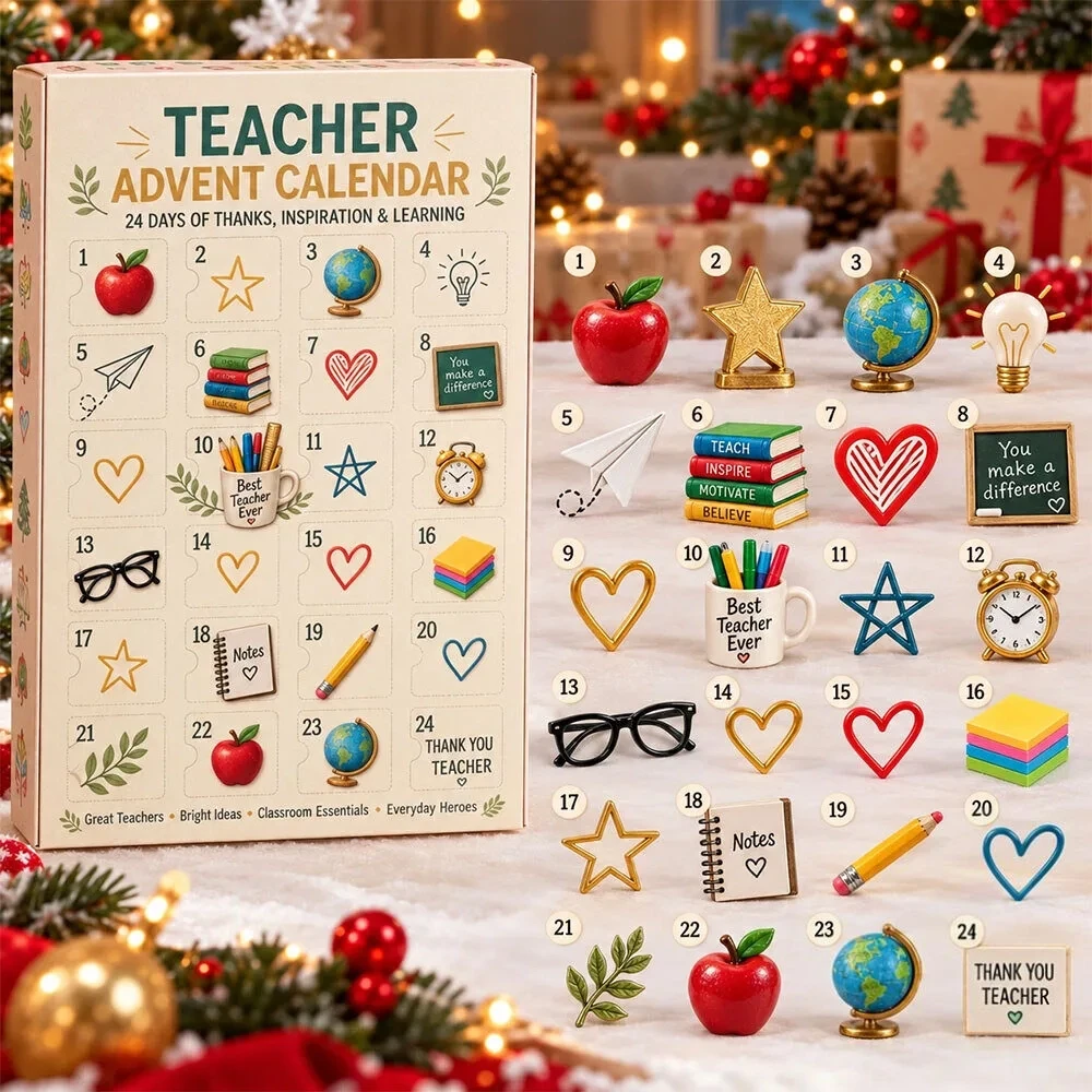 24 Days Teacher Advent Calendar Christmas Eve Countdown Xmas Gift Ideas, 3D Acrylic Collectibles