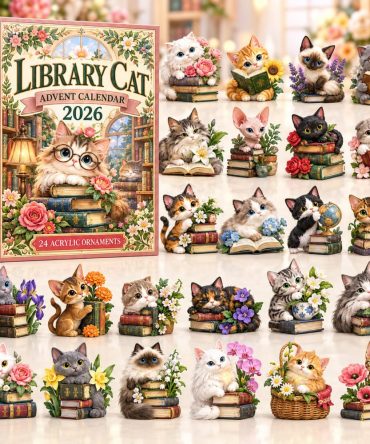Library Cat Advent Calendar 2026 24 Acrylic Christmas Gift For Cat Lovers, 3D Acrylic Collectibles