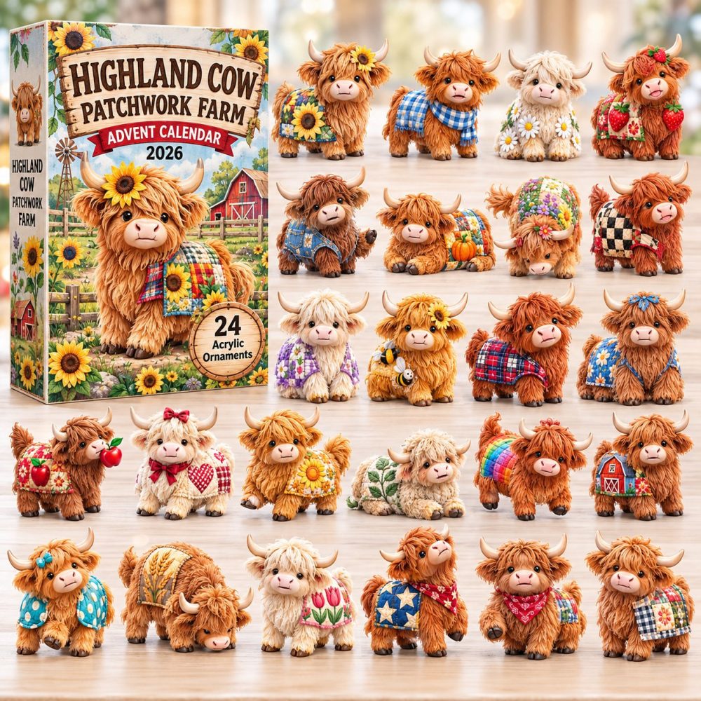 Highland Cow Patchwork Farm Advent Calendar 2026 Christmas Gifts For Cow Lovers, 3D Acrylic Collectibles