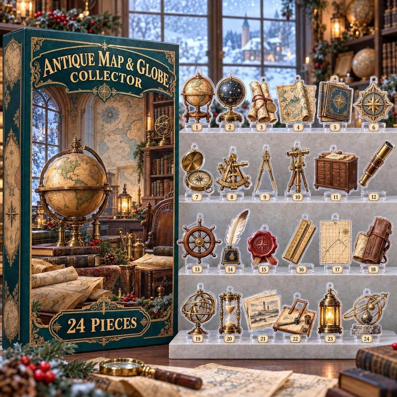 Antique Map Globe Collector Advent Calendar 2026 Countdown Christmas Gifts For Travelers, 3D Acrylic Collectibles