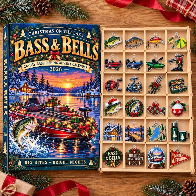 Bass Bells Christmas On The Lake Advent Calendar 2026 Countdown Gifts For Fishermen, 3D Acrylic Collectibles