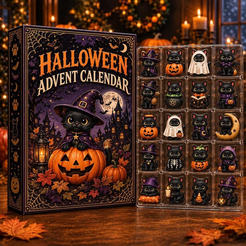 Black Cat Halloween Advent Calendar 2026 Spooky 24 Days Christmas Countdown Gifts For Cat Lovers, 3D Acrylic Collectibles