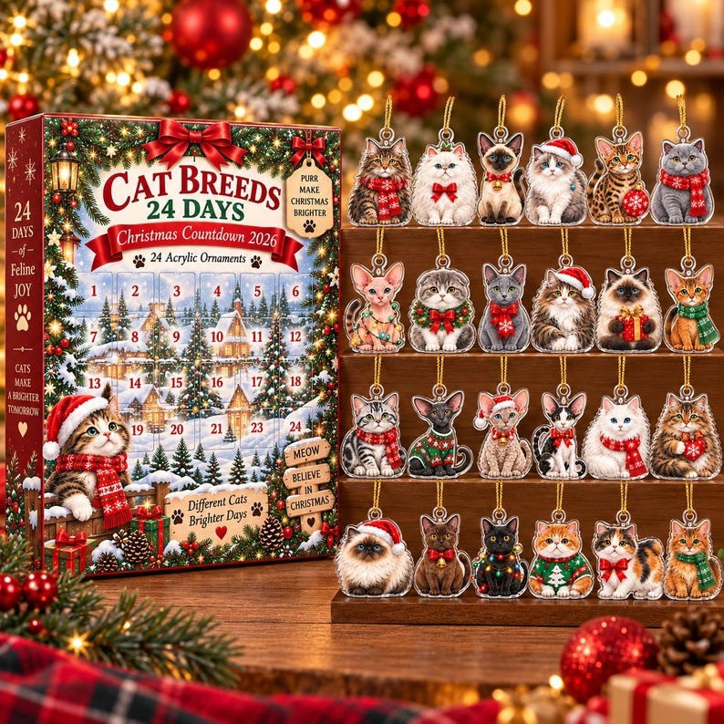 Cat Breeds Christmas Countdown Advent Calendar 2026 Gifts For Cat Lovers, 3D Acrylic Collectibles