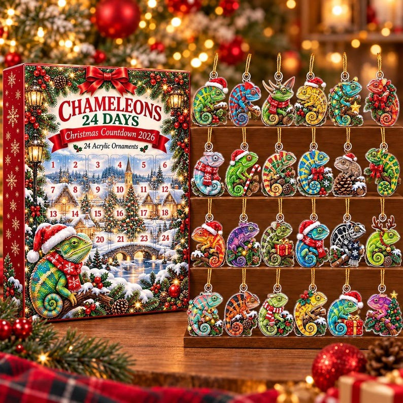 Chameleons Christmas Countdown Advent Calendar 2026 24 Days Gifts For Reptile Lovers, 3D Acrylic Collectibles