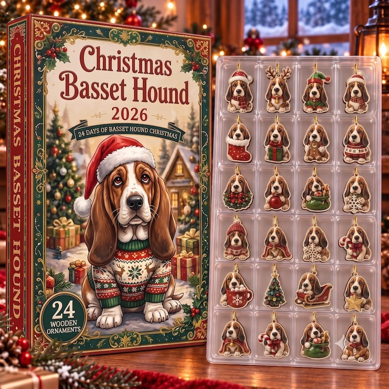 Christmas Basset Hound Advent Calendar 2026 24 Days Christmas Gifts For Dog Lovers, 3D Acrylic Collectibles