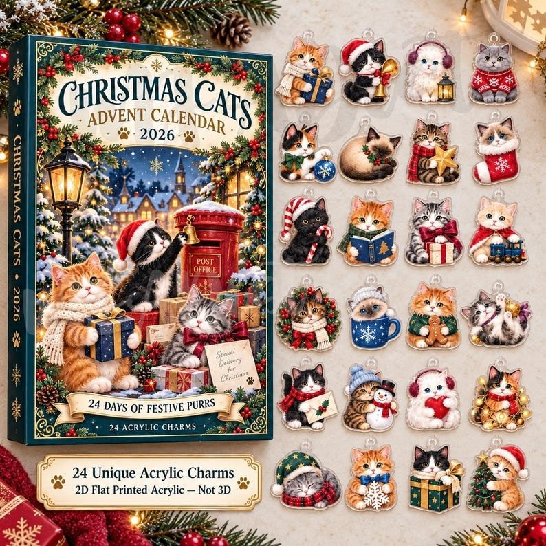 Christmas Cats Festive Purrs Advent Calendar 2026 24 Furry Christmas Countdown Gifts For Cat Lovers, 3D Acrylic Collectibles