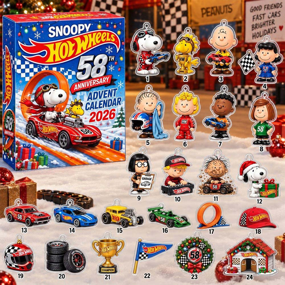Hot Wheels X Peanuts Snoopy 58Th Anniversary Advent Calendar 2026 24 Days Christmas Countdown Gift, 3D Acrylic Collectibles