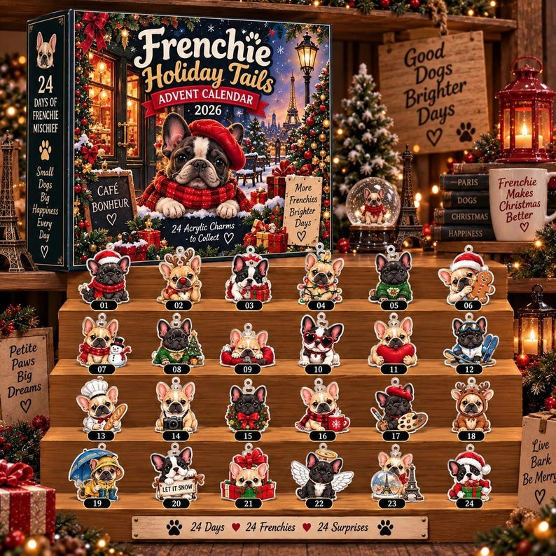 Frenchie Holiday Tails Advent Calendar 2026 Christmas Countdown Gifts For Dog Lovers, 3D Acrylic Collectibles