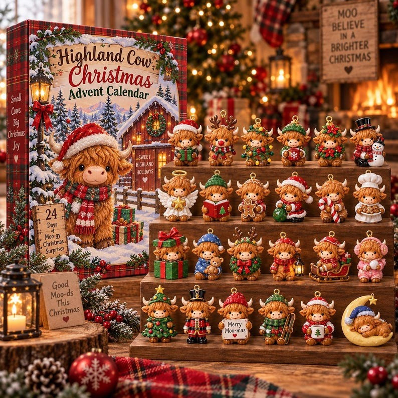 Highland Cow Christmas Moo Gy Surprises Advent Calendar 2026 24 Days Gifts For Cow Lovers, 3D Acrylic Collectibles