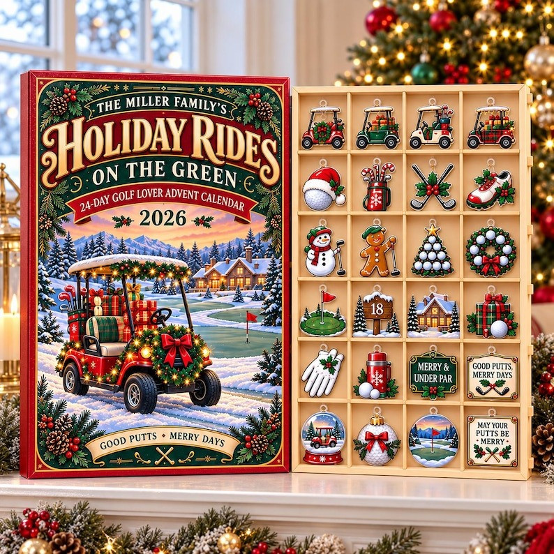 Personalized Family Holiday Rides On The Green Advent Calendar 2026 Christmas Gifts For Golfers, 3D Acrylic Collectibles