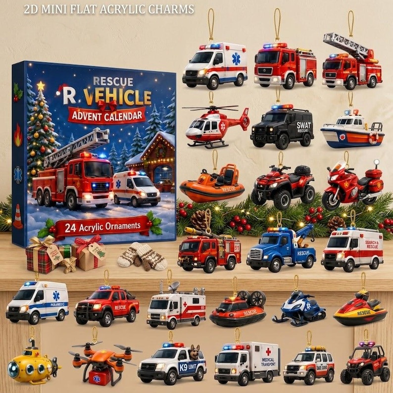 Rescue Vehicle Advent Calendar 2026 24 Days Christmas Countdown Gifts For Boys, 3D Acrylic Collectibles