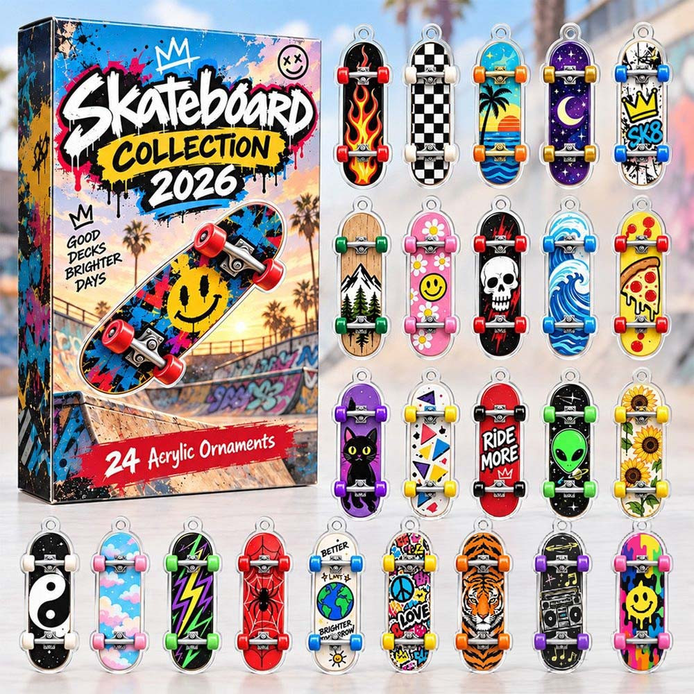 Skateboard Christmas Advent Calendar 2026 24 Acrylic Ornaments Gift For Skateboarding Fans, 3D Acrylic Collectibles