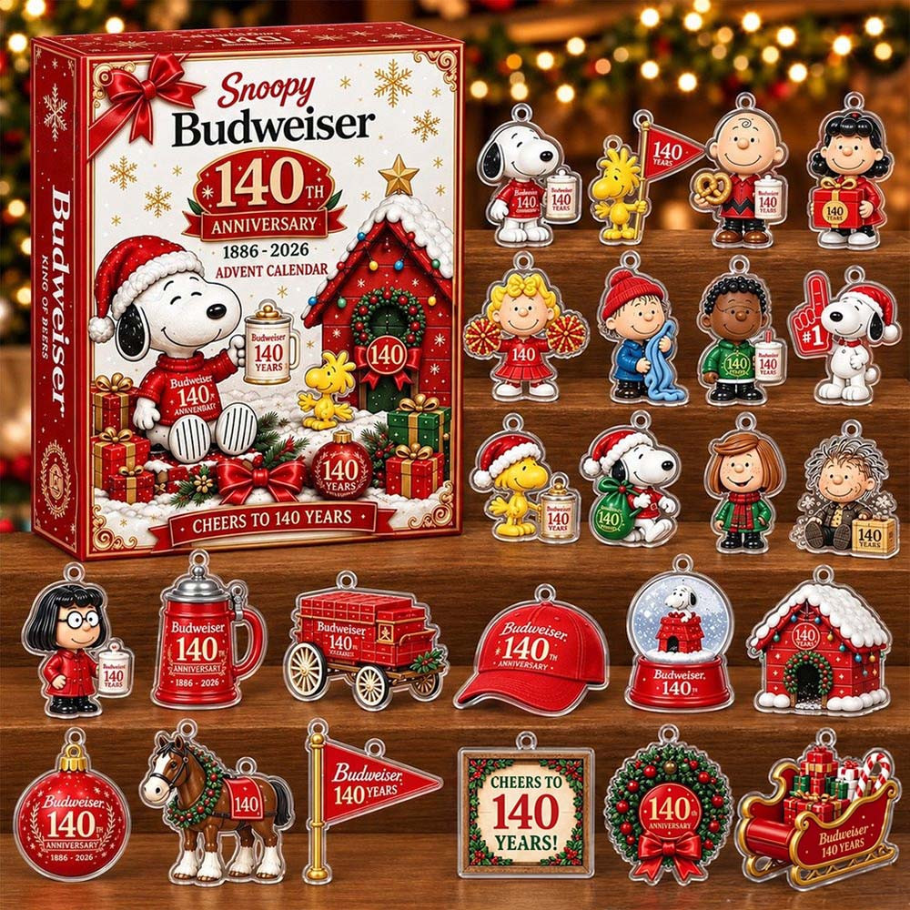 Snoopy X Budweiser 140Th Anniversary 1886-2026 Advent Calendar 2026 24 Acrylic Ornaments Christmas Countdown Gift, 3D Acrylic Collectibles