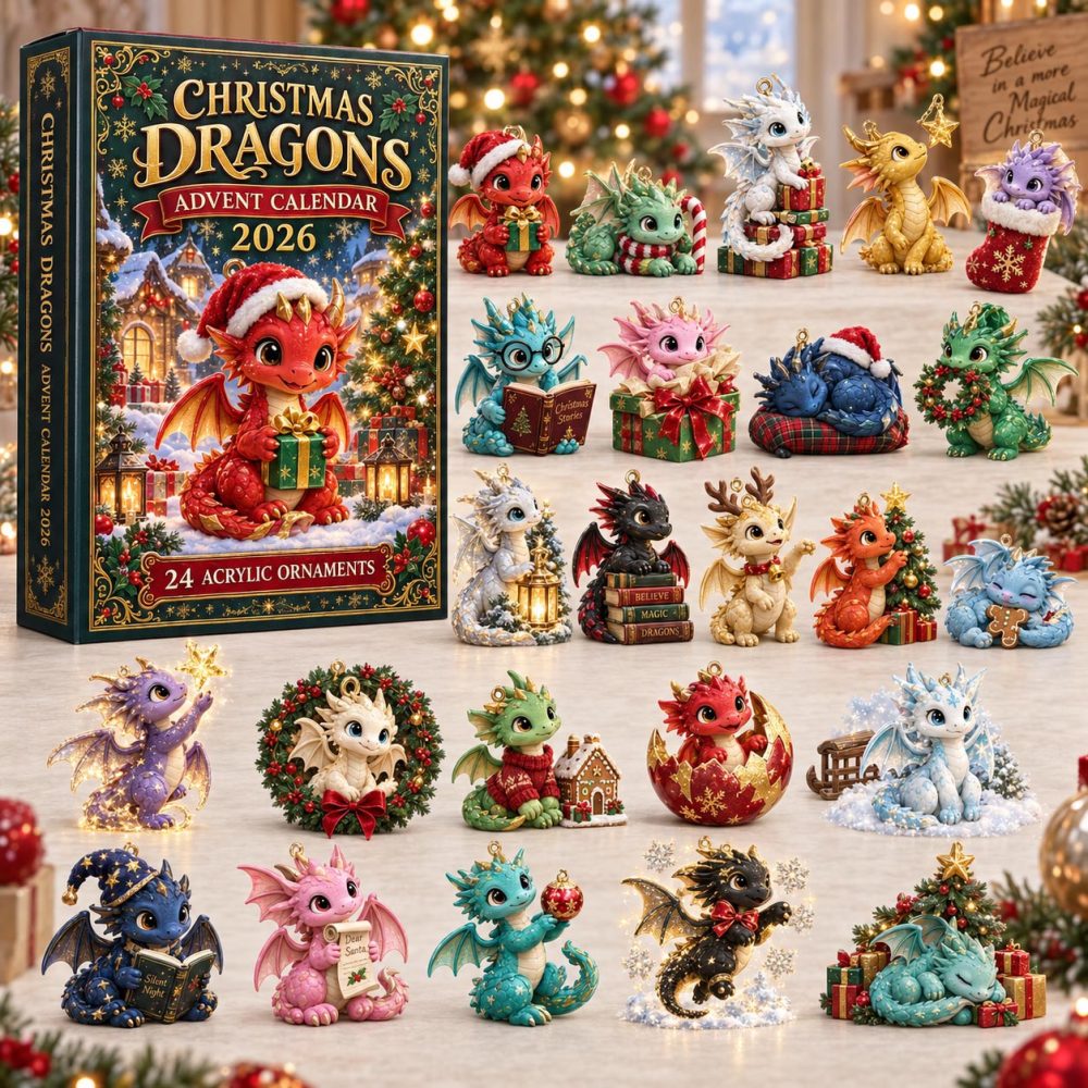 Christmas Dragons Advent Calendar 2026 24 Ornaments Countdown Christmas Gifts For Boys, 3D Acrylic Collectibles